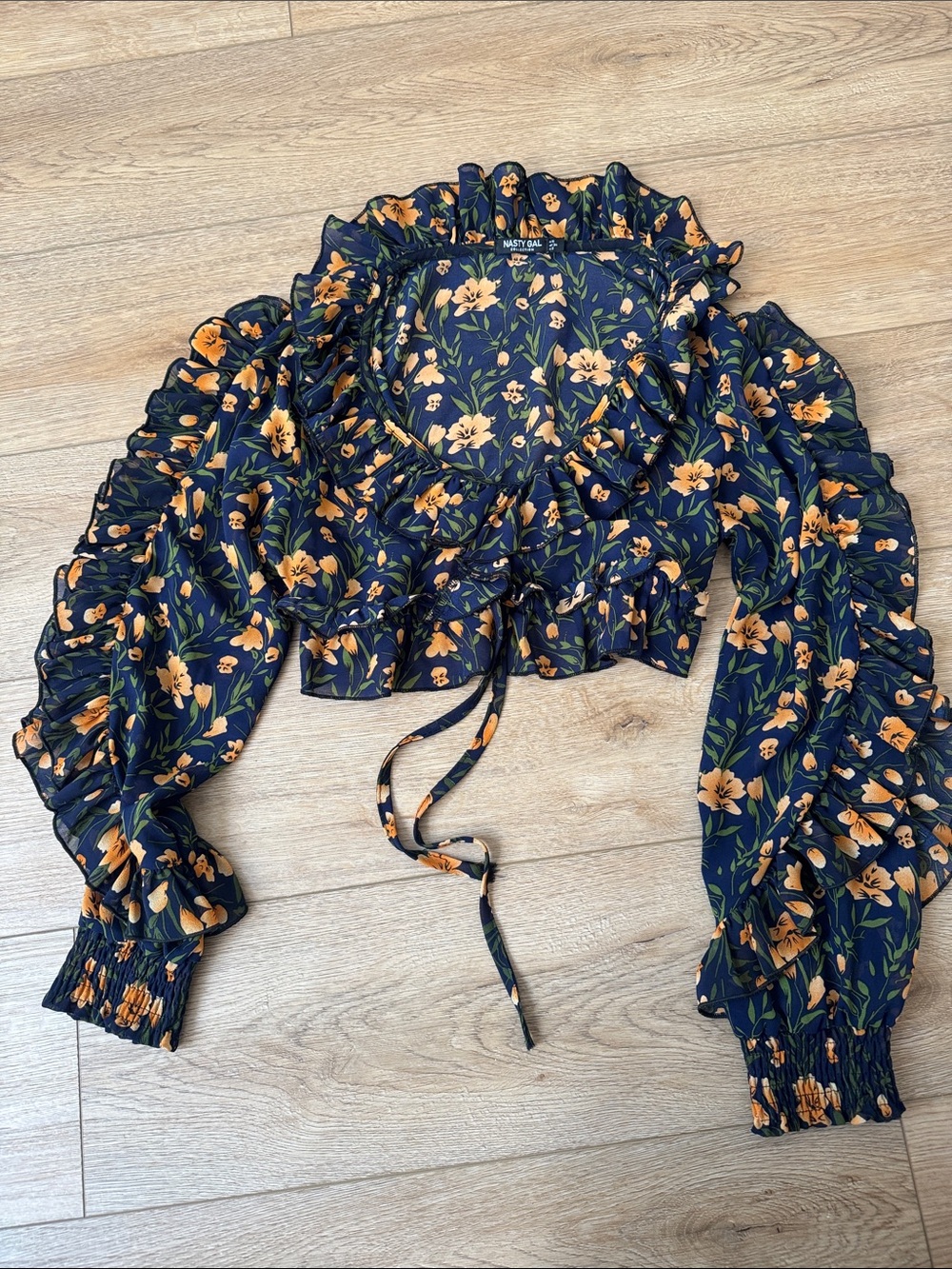 Nasty Gal Navy Floral Ruffle Tie-Front Crop Top